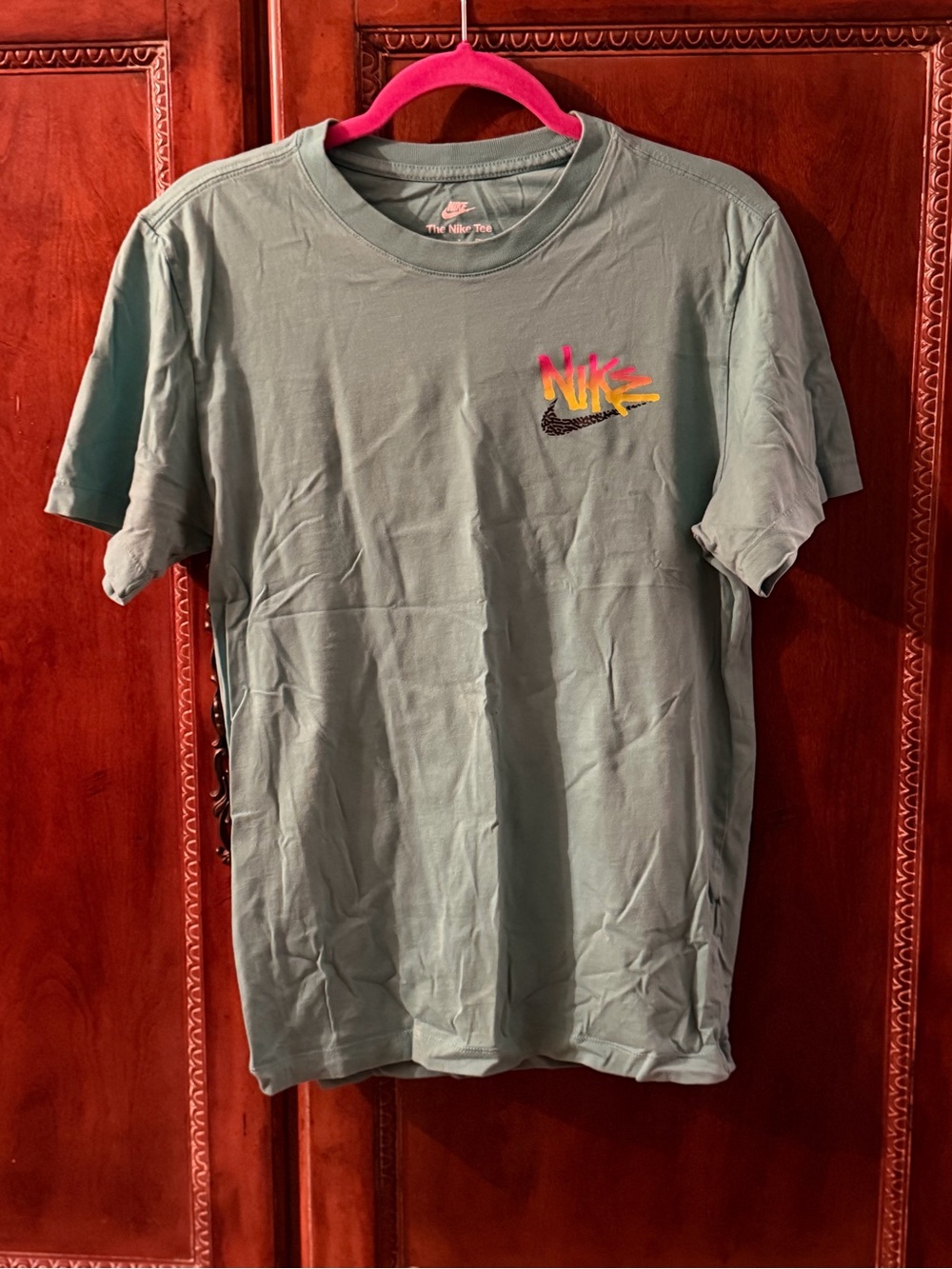 Nike Sage Green Short-Sleeve Tee with Multicolor Chest Logo